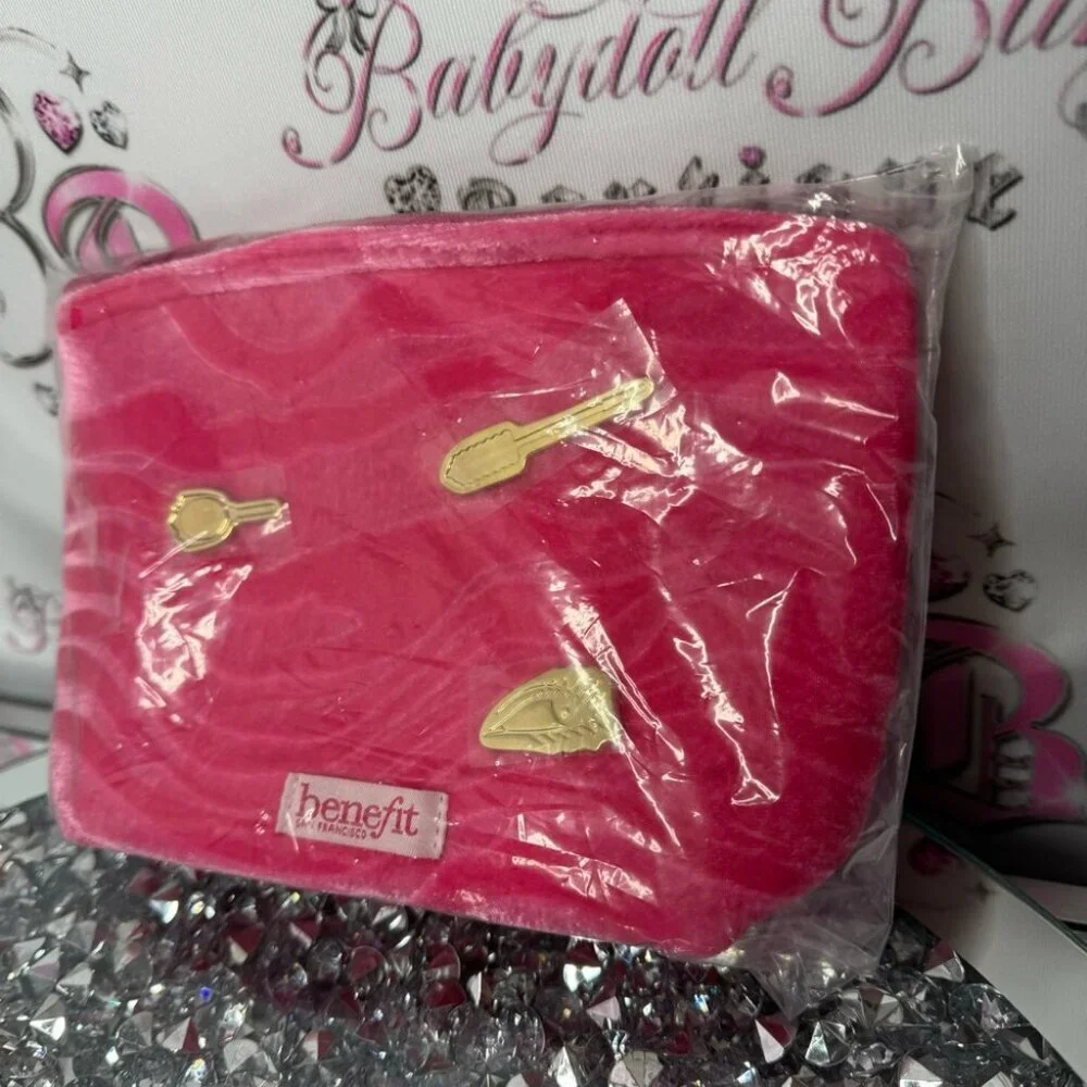 Benefit makeup bag cosmetics brand new pin style brushes gold new in bag pink